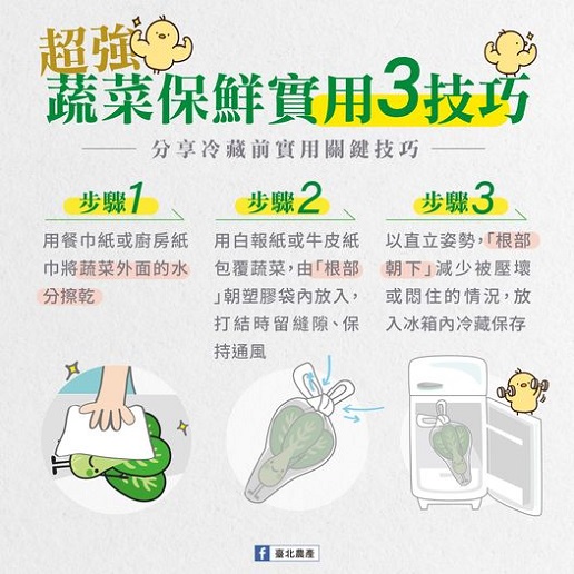 Tiga teknik praktis untuk menjaga kesegaran sayur (Gambar/sumber: Facebook Produk Pertanian Taipei)